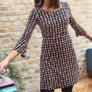 Boden Miriam Jersey Tunic Dress Midi Bell Sleeve Black  Floral 8L